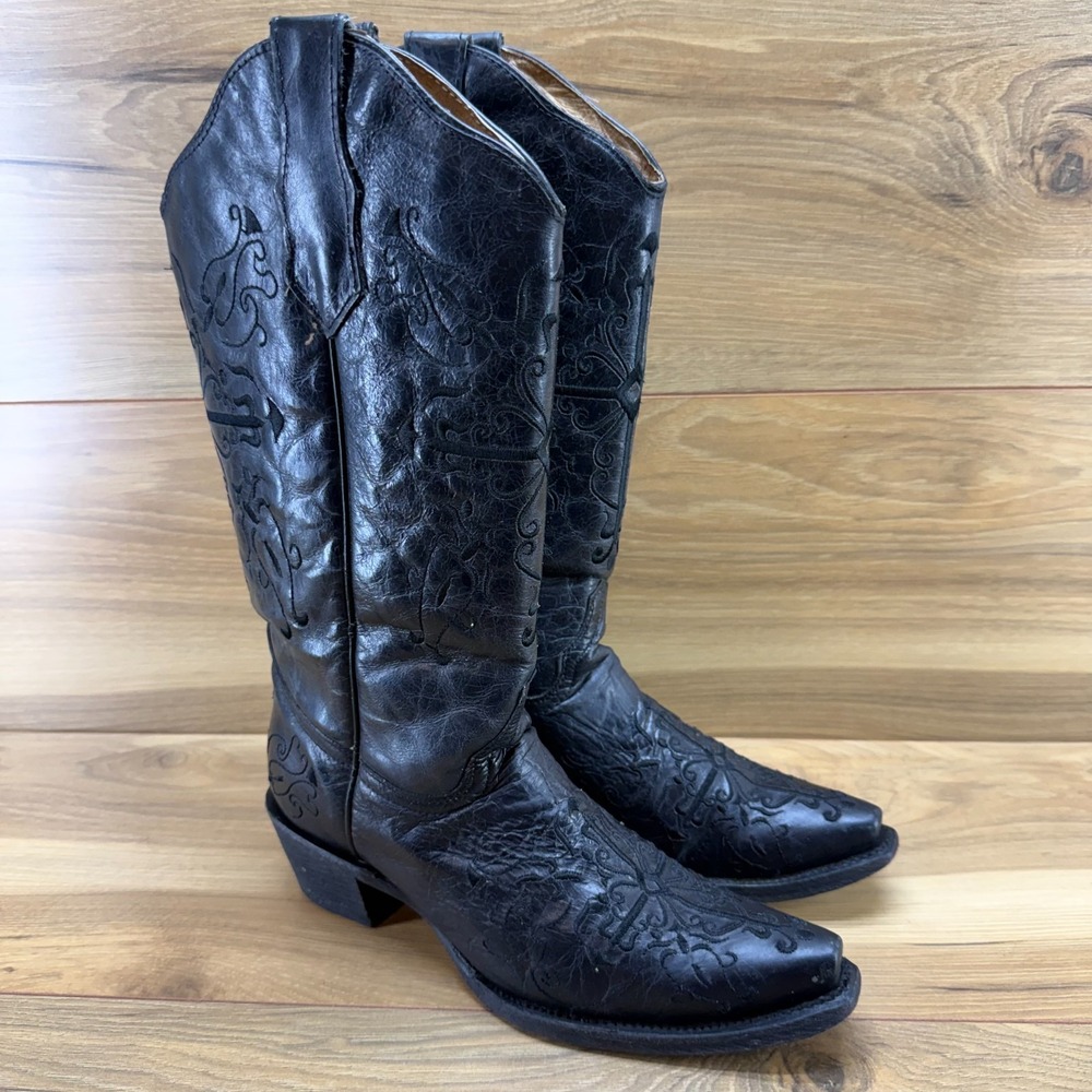 Circle G Western Cross Leather Embroidered Cowboy Boots 7 M Snip Toe Festival